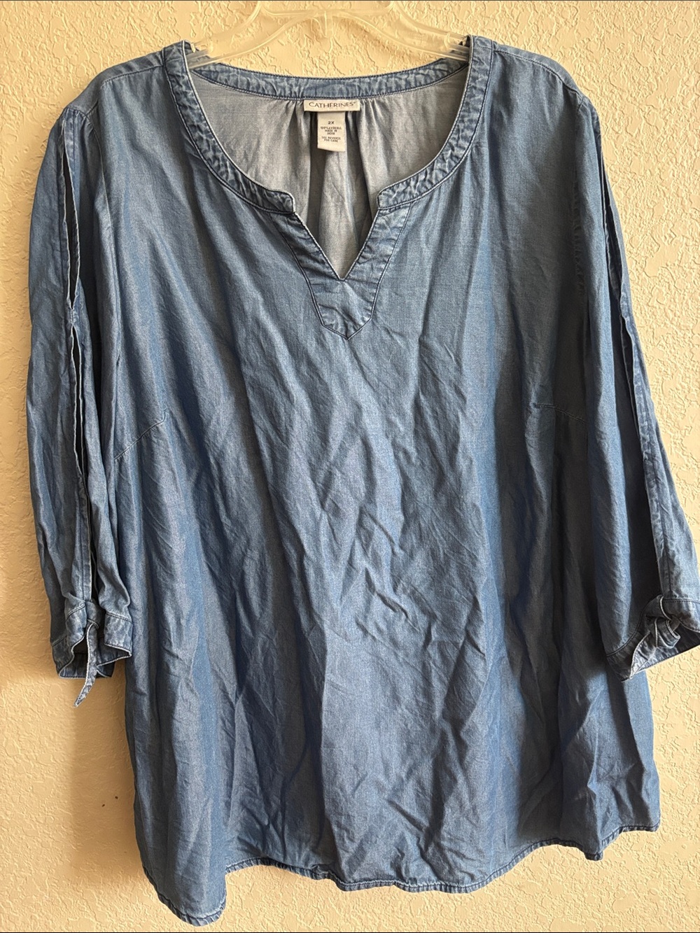 Catherines Light Blue Chambray Split-Neck Button-Down Shirt